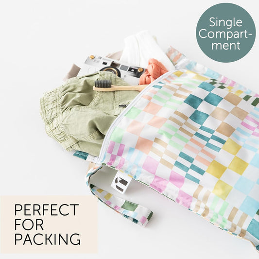 Roamio Waterproof Wet Bag for Baby, Travel, Swim Suit, Cloth Diapers, Pump Parts, Pool, Beach, Gym Clothes, Toiletry, Hook to Stroller, Daycare, Zip Reusable Wetdry Packing Pouch, Multi Check - Colors B