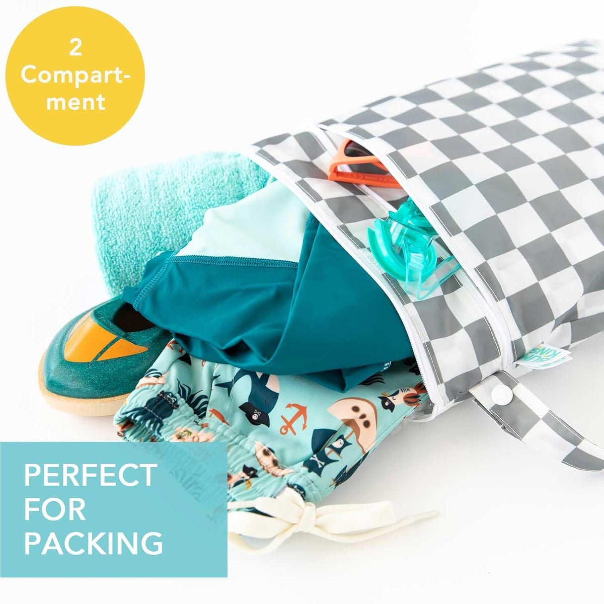 Roamio Waterproof Wet Bag for Baby, Travel, Swim Suit, Cloth Diapers, Pump Parts, Pool, Beach, Gym Clothes, Toiletry, Hook to Stroller, Daycare, Zip Reusable Wetdry Packing Pouch, Multi Check - Colors B