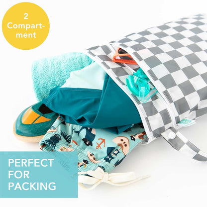 Roamio Waterproof Wet Bag for Baby, Travel, Swim Suit, Cloth Diapers, Pump Parts, Pool, Beach, Gym Clothes, Toiletry, Hook to Stroller, Daycare, Zip Reusable Wetdry Packing Pouch, Multi Check - Colors B