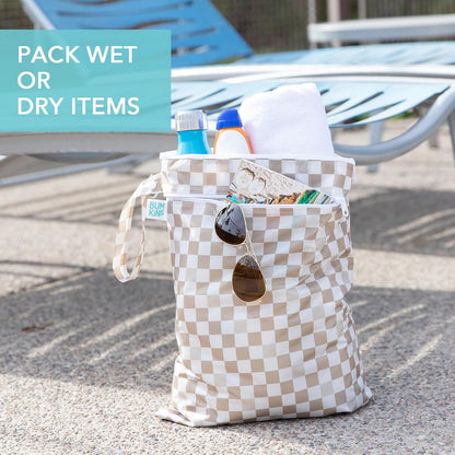 Roamio Waterproof Wet Bag for Baby, Travel, Swim Suit, Cloth Diapers, Pump Parts, Pool, Beach, Gym Clothes, Toiletry, Hook to Stroller, Daycare, Zip Reusable Wetdry Packing Pouch, Multi Check - Colors B
