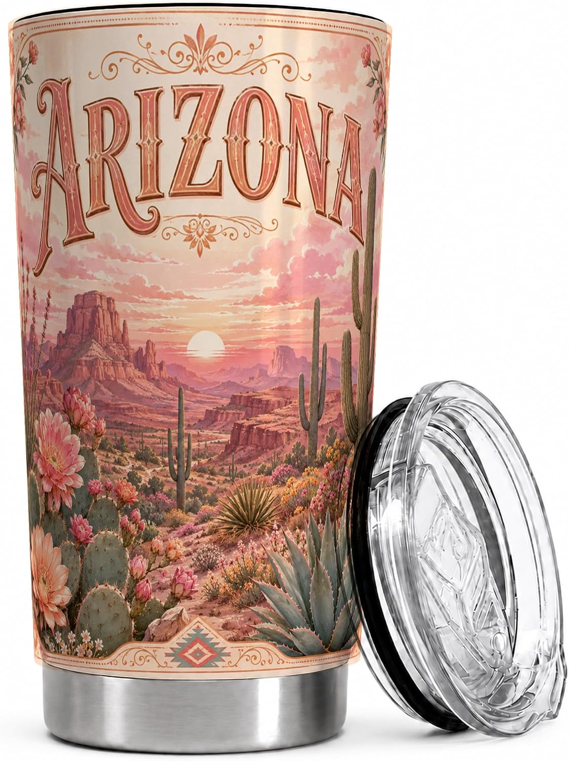 Vintage Arizona Desert Tumbler 20 oz, Arizona Cactus Travel Cup, Office Coffee and Desert Road Commute, Pink Sunset Landscape Art with Saguaro Blooms, Southwest Drinkware, Cactus Fans