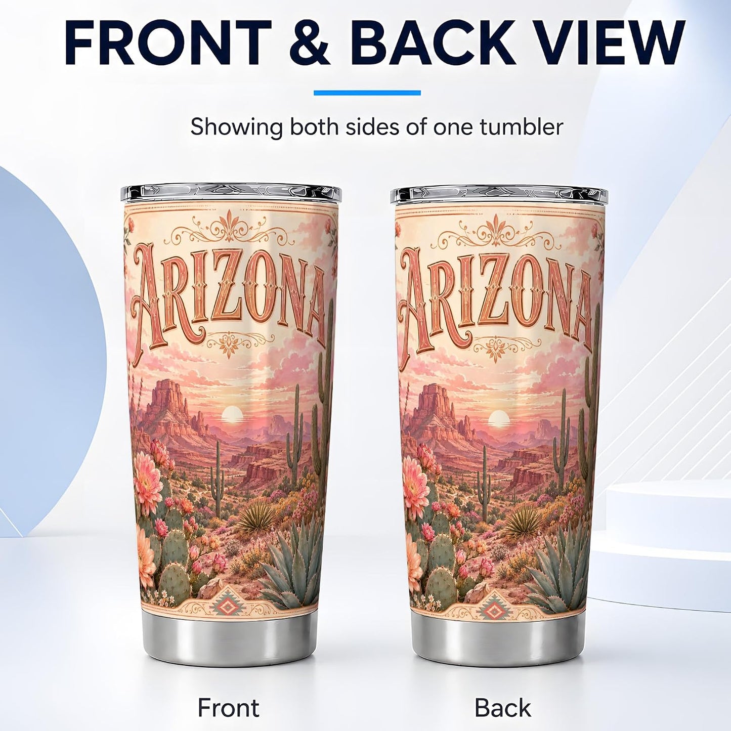 Vintage Arizona Desert Tumbler 20 oz, Arizona Cactus Travel Cup, Office Coffee and Desert Road Commute, Pink Sunset Landscape Art with Saguaro Blooms, Southwest Drinkware, Cactus Fans