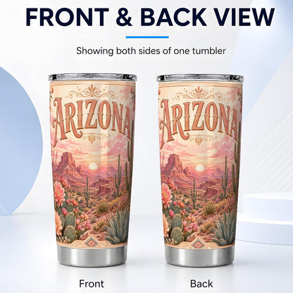 Vintage Arizona Desert Tumbler 20 oz, Arizona Cactus Travel Cup, Office Coffee and Desert Road Commute, Pink Sunset Landscape Art with Saguaro Blooms, Southwest Drinkware, Cactus Fans