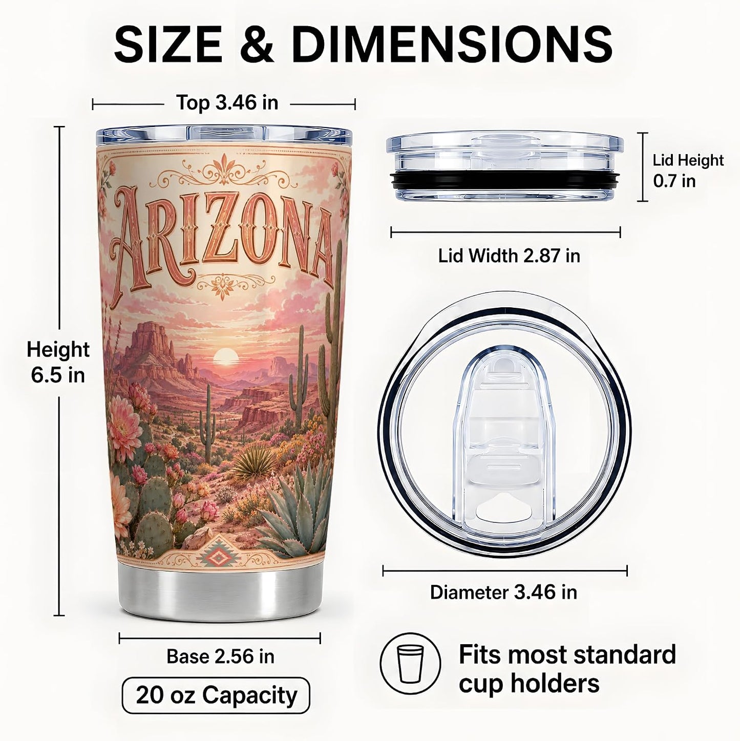 Vintage Arizona Desert Tumbler 20 oz, Arizona Cactus Travel Cup, Office Coffee and Desert Road Commute, Pink Sunset Landscape Art with Saguaro Blooms, Southwest Drinkware, Cactus Fans