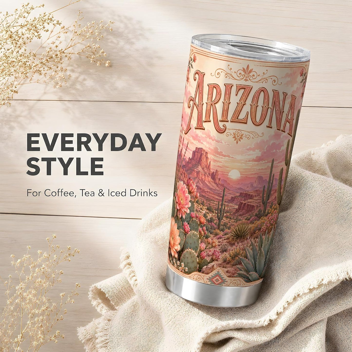 Vintage Arizona Desert Tumbler 20 oz, Arizona Cactus Travel Cup, Office Coffee and Desert Road Commute, Pink Sunset Landscape Art with Saguaro Blooms, Southwest Drinkware, Cactus Fans