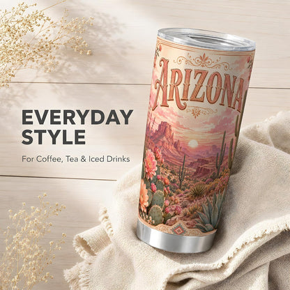 Vintage Arizona Desert Tumbler 20 oz, Arizona Cactus Travel Cup, Office Coffee and Desert Road Commute, Pink Sunset Landscape Art with Saguaro Blooms, Southwest Drinkware, Cactus Fans