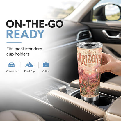 Vintage Arizona Desert Tumbler 20 oz, Arizona Cactus Travel Cup, Office Coffee and Desert Road Commute, Pink Sunset Landscape Art with Saguaro Blooms, Southwest Drinkware, Cactus Fans