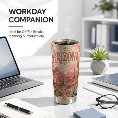Vintage Arizona Desert Tumbler 20 oz, Arizona Cactus Travel Cup, Office Coffee and Desert Road Commute, Pink Sunset Landscape Art with Saguaro Blooms, Southwest Drinkware, Cactus Fans