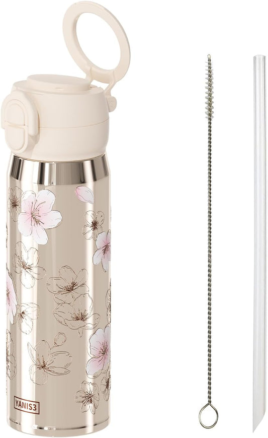 17 oz Insulated Tumbler with Straw & Carry Loop, Peach Blossom Embossed Design, Non-Slip Silicone Base, Vacuum-Insulated Stainless Steel Travel Mug, Leak-Proof & Portable
