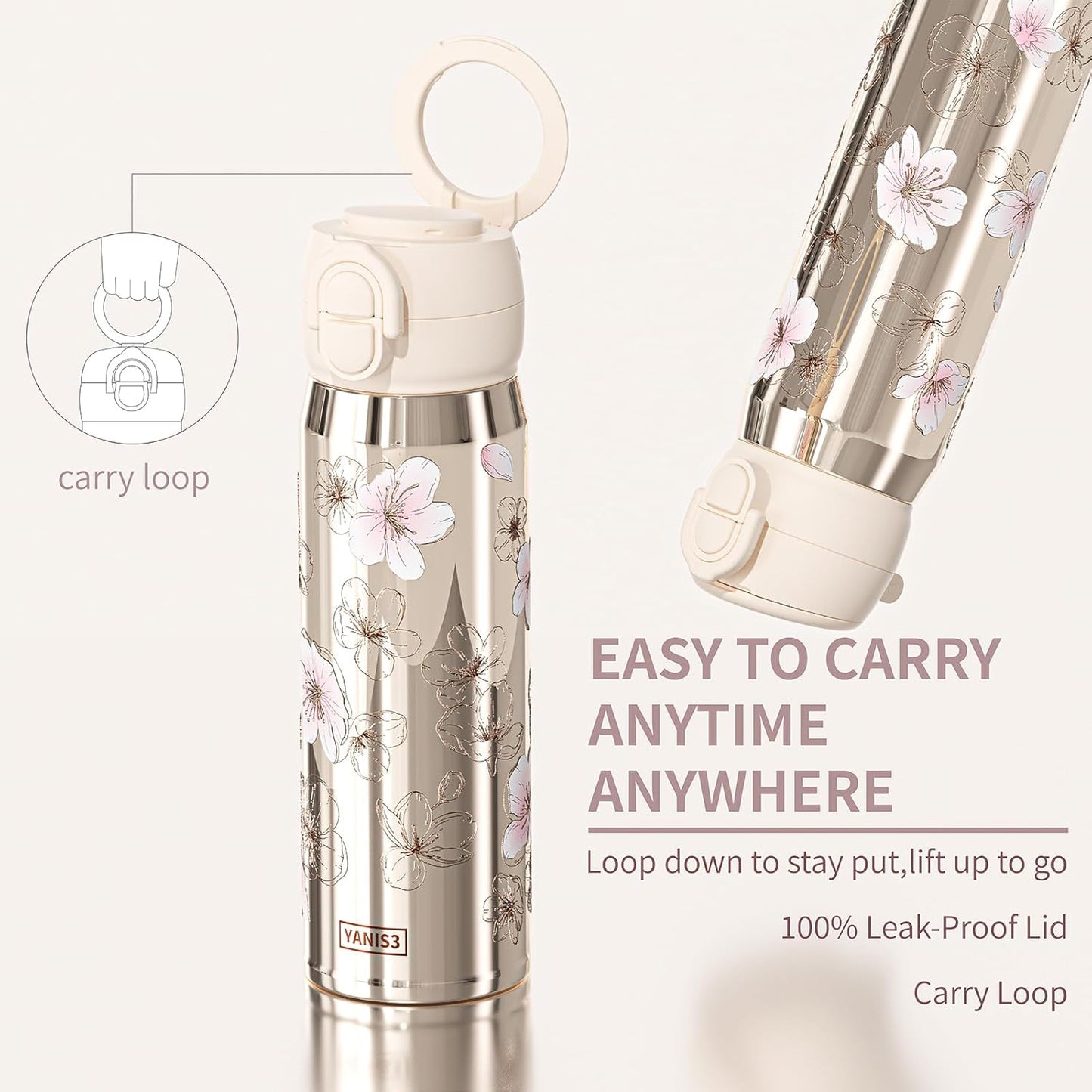 17 oz Insulated Tumbler with Straw & Carry Loop, Peach Blossom Embossed Design, Non-Slip Silicone Base, Vacuum-Insulated Stainless Steel Travel Mug, Leak-Proof & Portable