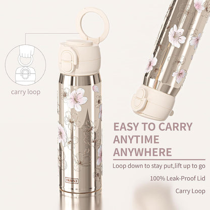 17 oz Insulated Tumbler with Straw & Carry Loop, Peach Blossom Embossed Design, Non-Slip Silicone Base, Vacuum-Insulated Stainless Steel Travel Mug, Leak-Proof & Portable