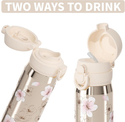17 oz Insulated Tumbler with Straw & Carry Loop, Peach Blossom Embossed Design, Non-Slip Silicone Base, Vacuum-Insulated Stainless Steel Travel Mug, Leak-Proof & Portable