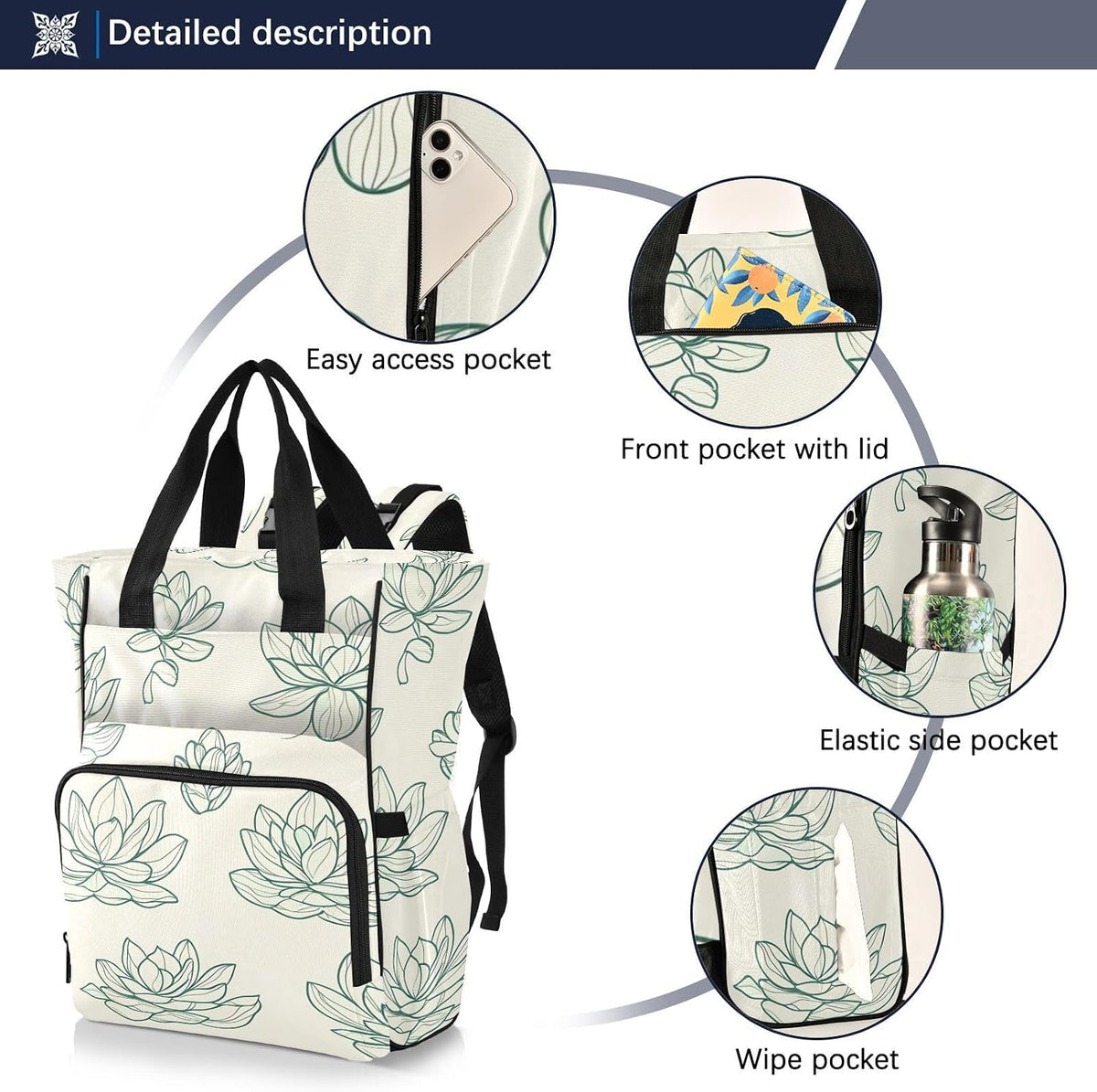Diaper Bag Backpack, Multifunction Travel Bag for Moms Dads, Baby Changing Bag with Insulted Pockets, Stroller Straps and Side Bottle Pockets Linear Floral Pattern