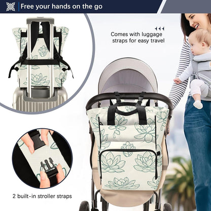 Diaper Bag Backpack, Multifunction Travel Bag for Moms Dads, Baby Changing Bag with Insulted Pockets, Stroller Straps and Side Bottle Pockets Linear Floral Pattern
