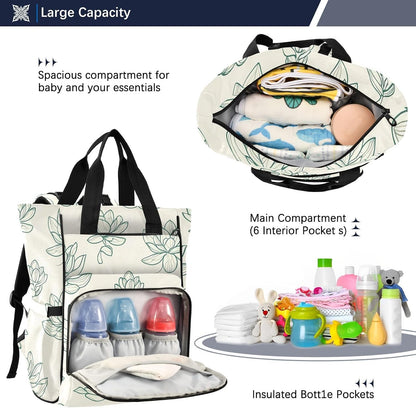 Diaper Bag Backpack, Multifunction Travel Bag for Moms Dads, Baby Changing Bag with Insulted Pockets, Stroller Straps and Side Bottle Pockets Linear Floral Pattern