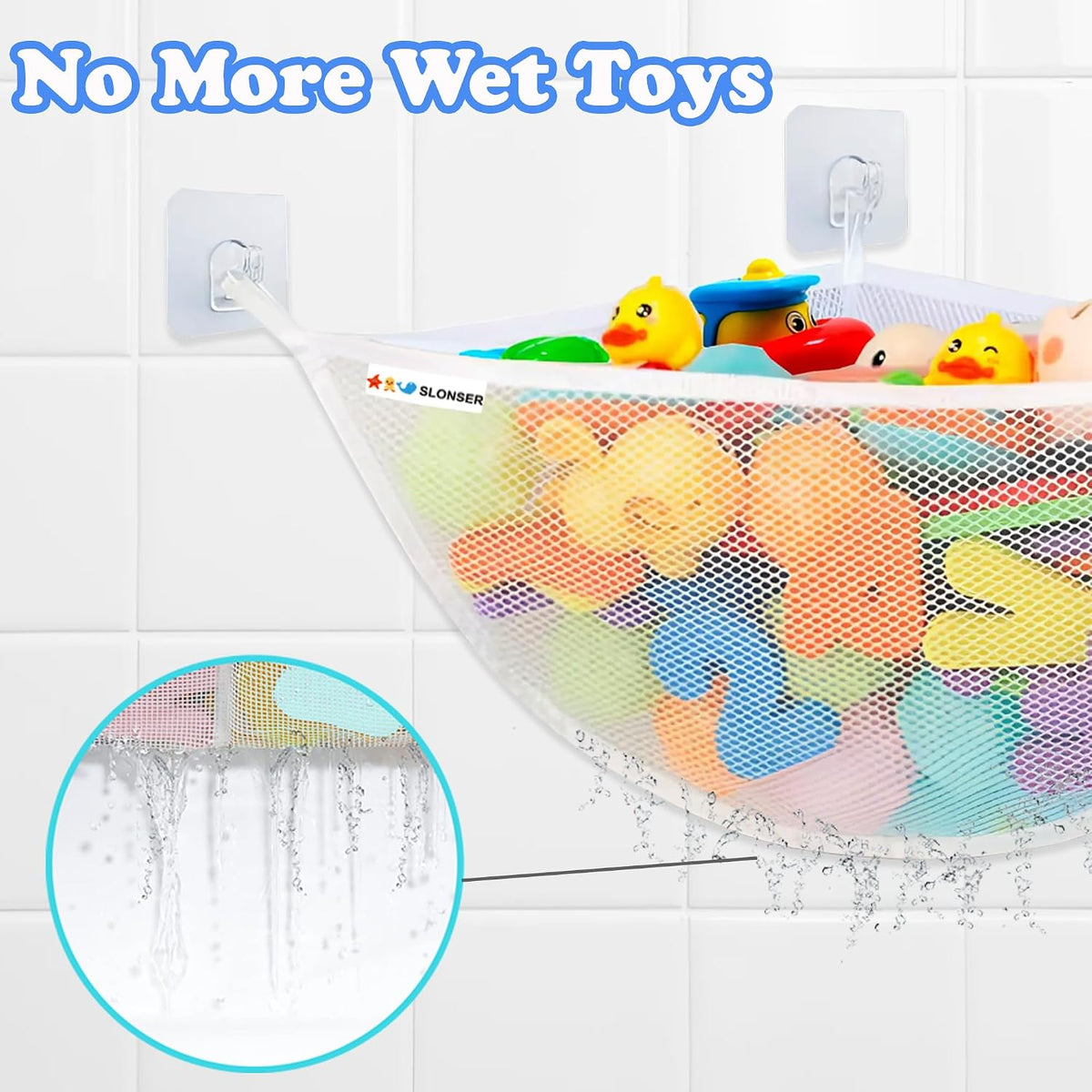 Bath Toy Storage Organizer for Bathtub – Large Mesh Bath Toy Holder & Bath Toy Net, Corner Bathtub Toy Storage with 3 Strong Suction Cups, 3 Adhesive Hooks, Quick-Dry Toy Holder for Tub & Shower