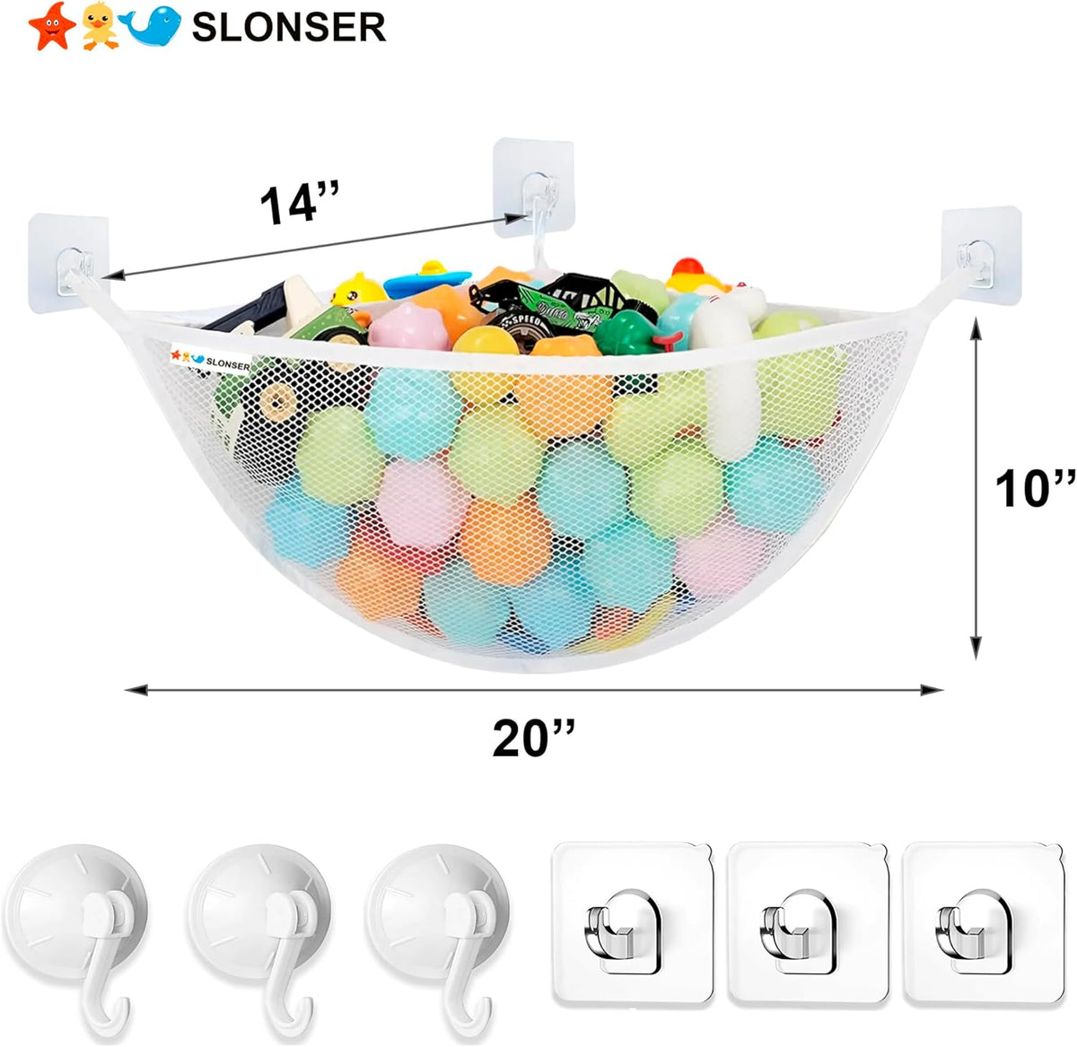 Bath Toy Storage Organizer for Bathtub – Large Mesh Bath Toy Holder & Bath Toy Net, Corner Bathtub Toy Storage with 3 Strong Suction Cups, 3 Adhesive Hooks, Quick-Dry Toy Holder for Tub & Shower
