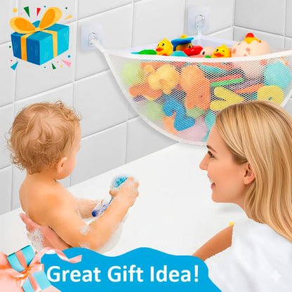 Bath Toy Storage Organizer for Bathtub – Large Mesh Bath Toy Holder & Bath Toy Net, Corner Bathtub Toy Storage with 3 Strong Suction Cups, 3 Adhesive Hooks, Quick-Dry Toy Holder for Tub & Shower