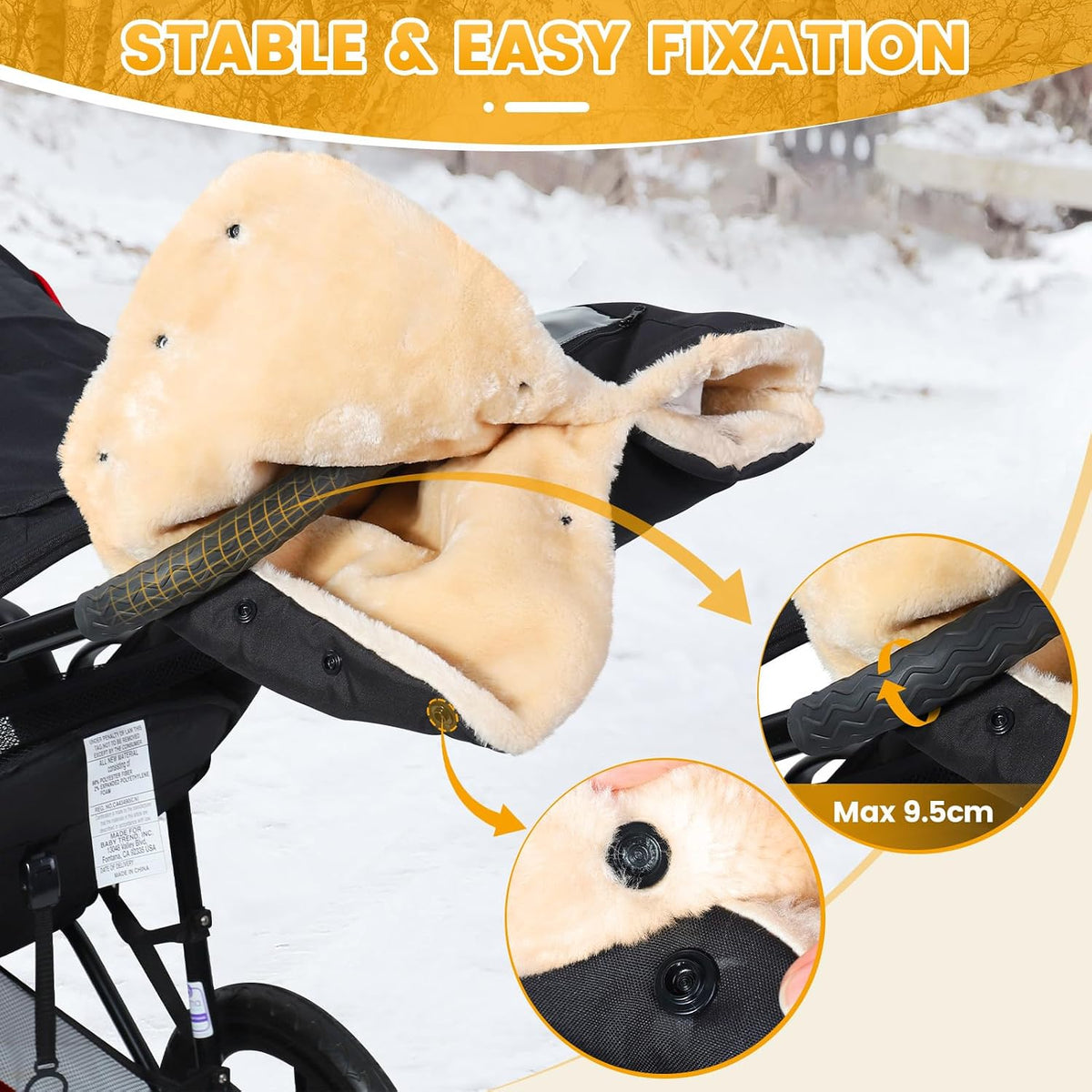Orzbow Winter Stroller Gloves, Waterproof, Universal, Cozy & Warm, Black