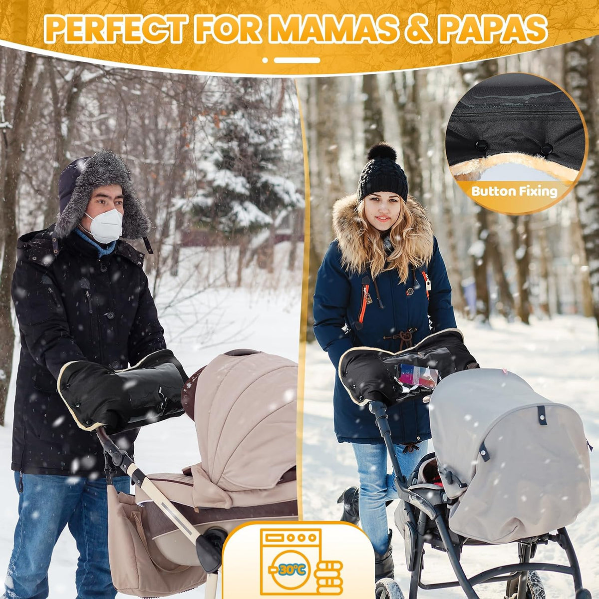Orzbow Winter Stroller Gloves, Waterproof, Universal, Cozy & Warm, Black