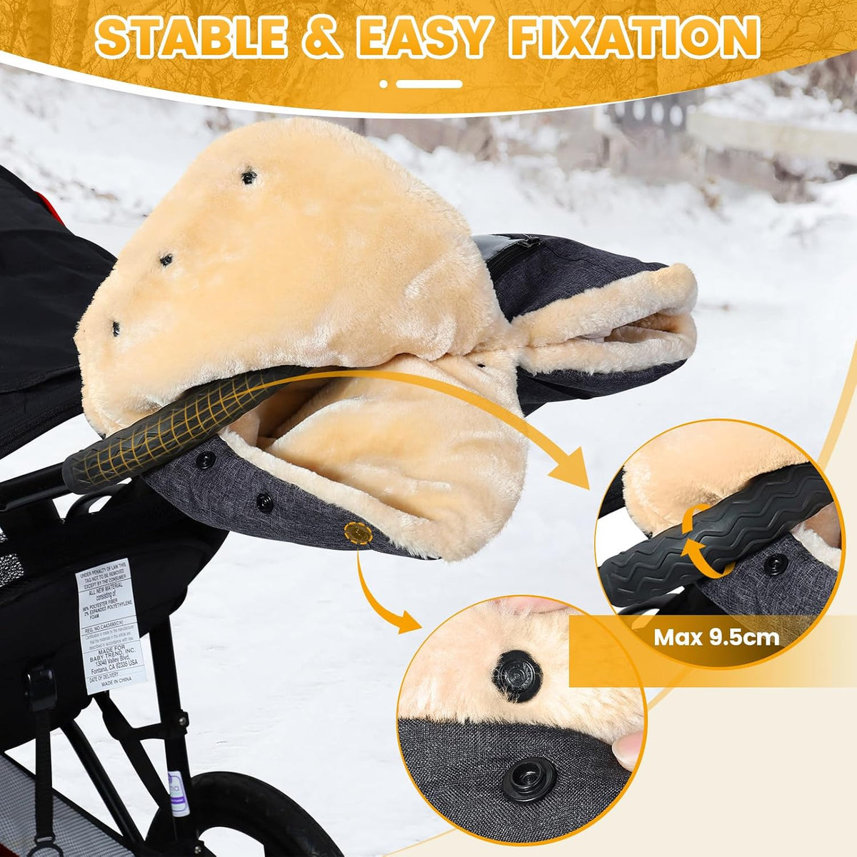 Orzbow Winter Stroller Gloves, Waterproof, Universal, Cozy & Warm, Black