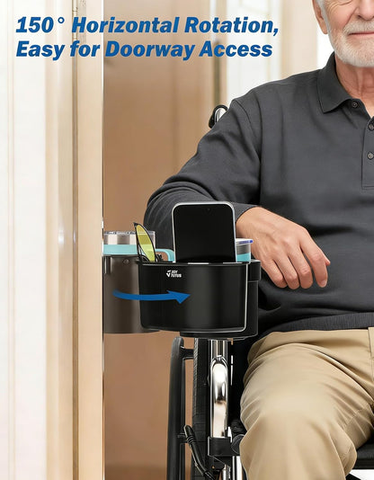 Wheelchair Cup Holder, 2-in-1 Walker Cup Holder with 6.4'' Large Storage Box, Drink Holder for Bottle with Handle, Fit for Wheelchair, Walker, Rollator, Stroller, Camper, Golf cart (Large)