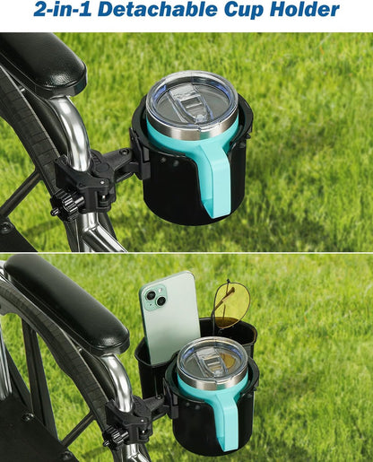 Wheelchair Cup Holder, 2-in-1 Walker Cup Holder with 6.4'' Large Storage Box, Drink Holder for Bottle with Handle, Fit for Wheelchair, Walker, Rollator, Stroller, Camper, Golf cart (Large)