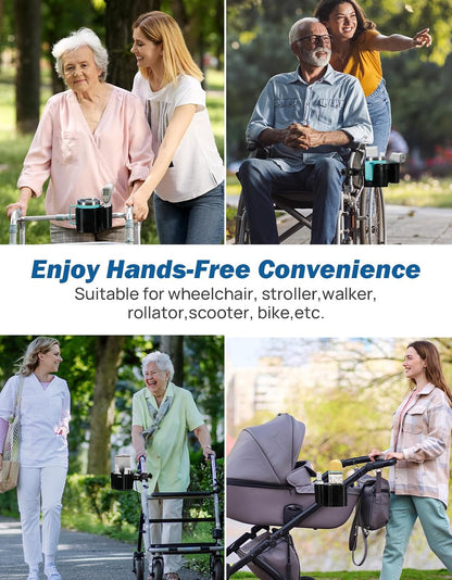 Wheelchair Cup Holder, 2-in-1 Walker Cup Holder with 6.4'' Large Storage Box, Drink Holder for Bottle with Handle, Fit for Wheelchair, Walker, Rollator, Stroller, Camper, Golf cart (Large)