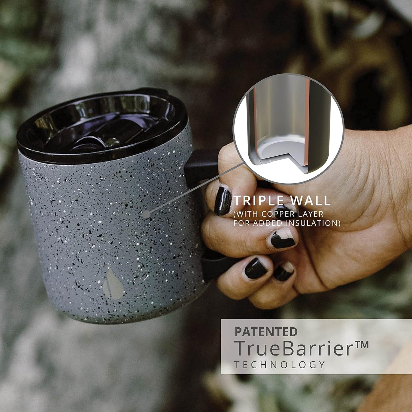 Insulated Coffee Mug - Triple-Wall Stainless Steel Summit Travel Cup for Hot and Cold Drinks - Thermal Coffee Mug with Lid and Handle for Camping, Office & Travel 12oz - Grey Speckle