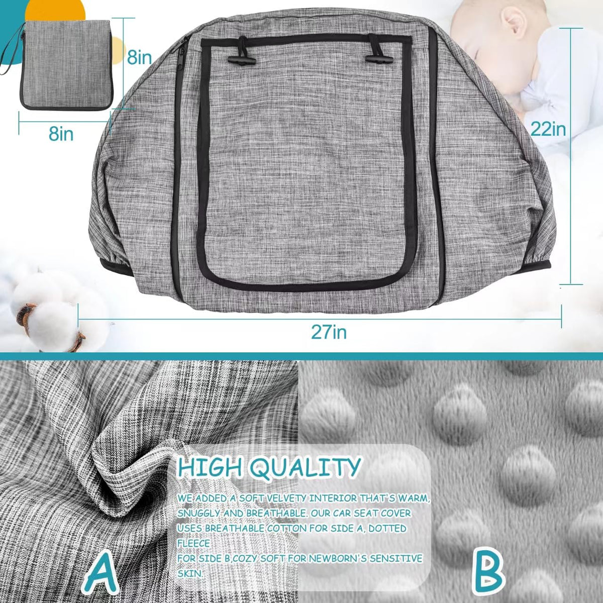 Waterproof Baby Car Seat Cover，Cold Weather Carseat Cover for Babies,Infant Car Seat Cover Canopy for Boy Girls,Windproof Car Seat Canopy for Boys & Girls, Keeps Babies Warm and Cozy(Gray Melange)