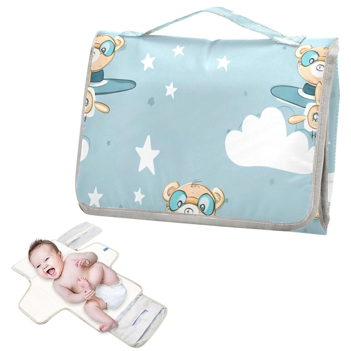 Bears Goggles Pattern Portable Diaper Changing Pad, Foldable Travel Diaper Changing Pad with Built-in Pillow, Waterproof Baby Changing Mat for Newborn, Infant
