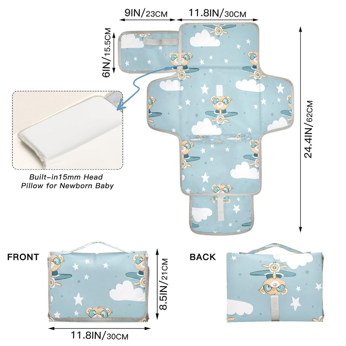Bears Goggles Pattern Portable Diaper Changing Pad, Foldable Travel Diaper Changing Pad with Built-in Pillow, Waterproof Baby Changing Mat for Newborn, Infant
