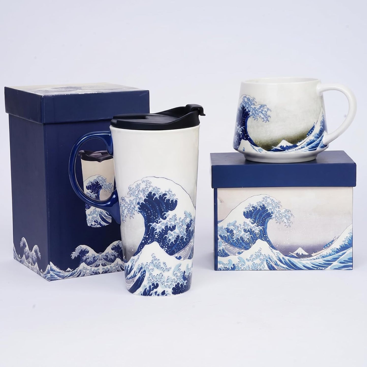 17oz Ceramic Coffee Travel Mug with Handle & Lid | Large Capacity Porcelain Tall Tea Wave Art Cup with in Color Box, 6.5" H