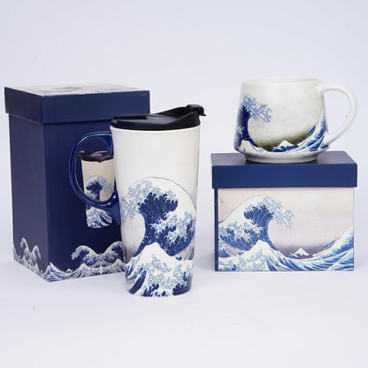 17oz Ceramic Coffee Travel Mug with Handle & Lid | Large Capacity Porcelain Tall Tea Wave Art Cup with in Color Box, 6.5" H