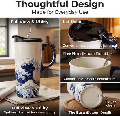 17oz Ceramic Coffee Travel Mug with Handle & Lid | Large Capacity Porcelain Tall Tea Wave Art Cup with in Color Box, 6.5" H