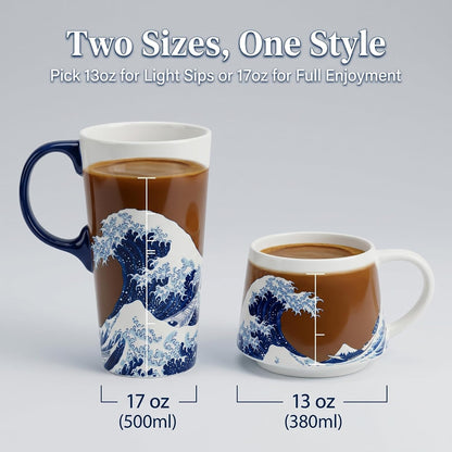 17oz Ceramic Coffee Travel Mug with Handle & Lid | Large Capacity Porcelain Tall Tea Wave Art Cup with in Color Box, 6.5" H