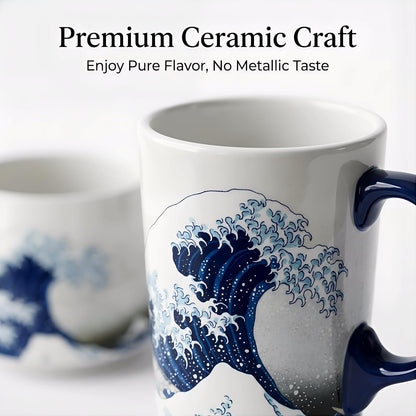 17oz Ceramic Coffee Travel Mug with Handle & Lid | Large Capacity Porcelain Tall Tea Wave Art Cup with in Color Box, 6.5" H