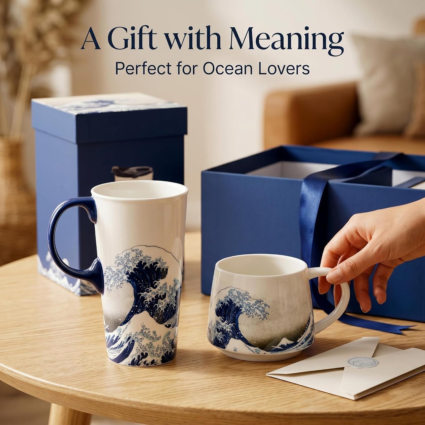 17oz Ceramic Coffee Travel Mug with Handle & Lid | Large Capacity Porcelain Tall Tea Wave Art Cup with in Color Box, 6.5" H