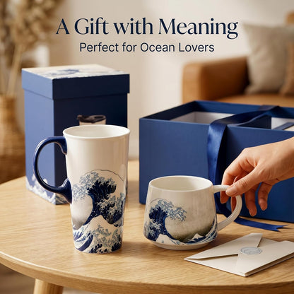 17oz Ceramic Coffee Travel Mug with Handle & Lid | Large Capacity Porcelain Tall Tea Wave Art Cup with in Color Box, 6.5" H