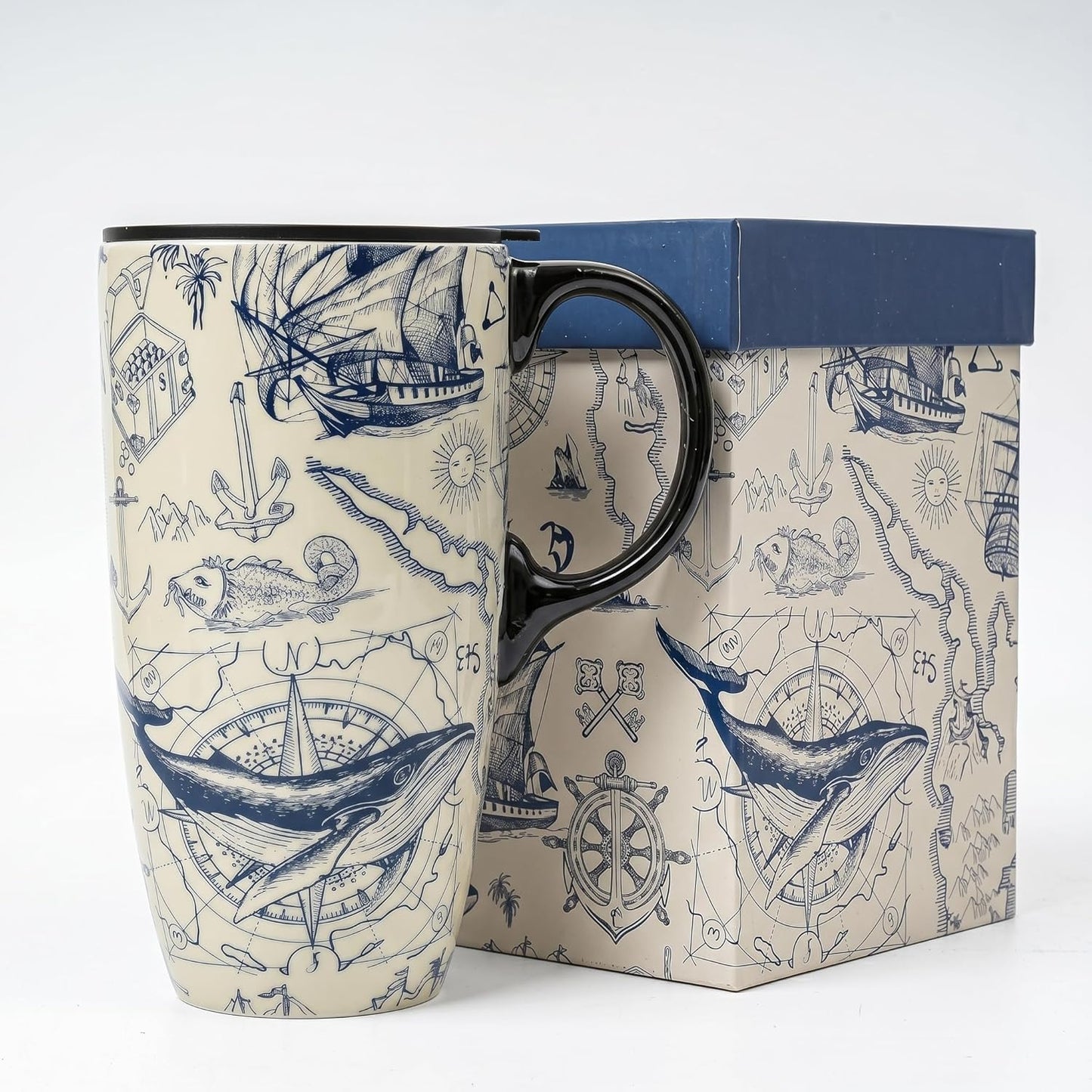 17oz Ceramic Coffee Travel Mug with Handle & Lid | Large Capacity Porcelain Tall Tea Wave Art Cup with in Color Box, 6.5" H