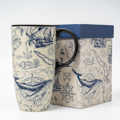 17oz Ceramic Coffee Travel Mug with Handle & Lid | Large Capacity Porcelain Tall Tea Wave Art Cup with in Color Box, 6.5" H