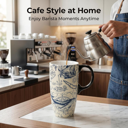 17oz Ceramic Coffee Travel Mug with Handle & Lid | Large Capacity Porcelain Tall Tea Wave Art Cup with in Color Box, 6.5" H