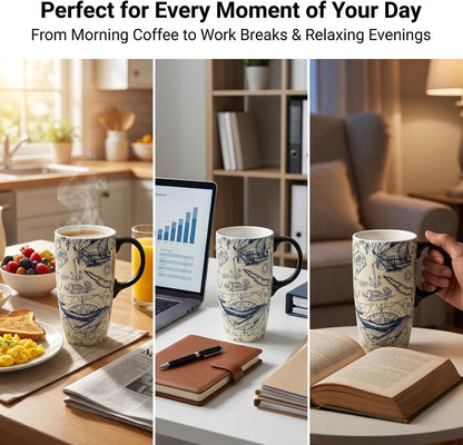 17oz Ceramic Coffee Travel Mug with Handle & Lid | Large Capacity Porcelain Tall Tea Wave Art Cup with in Color Box, 6.5" H