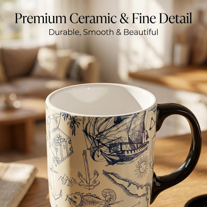 17oz Ceramic Coffee Travel Mug with Handle & Lid | Large Capacity Porcelain Tall Tea Wave Art Cup with in Color Box, 6.5" H