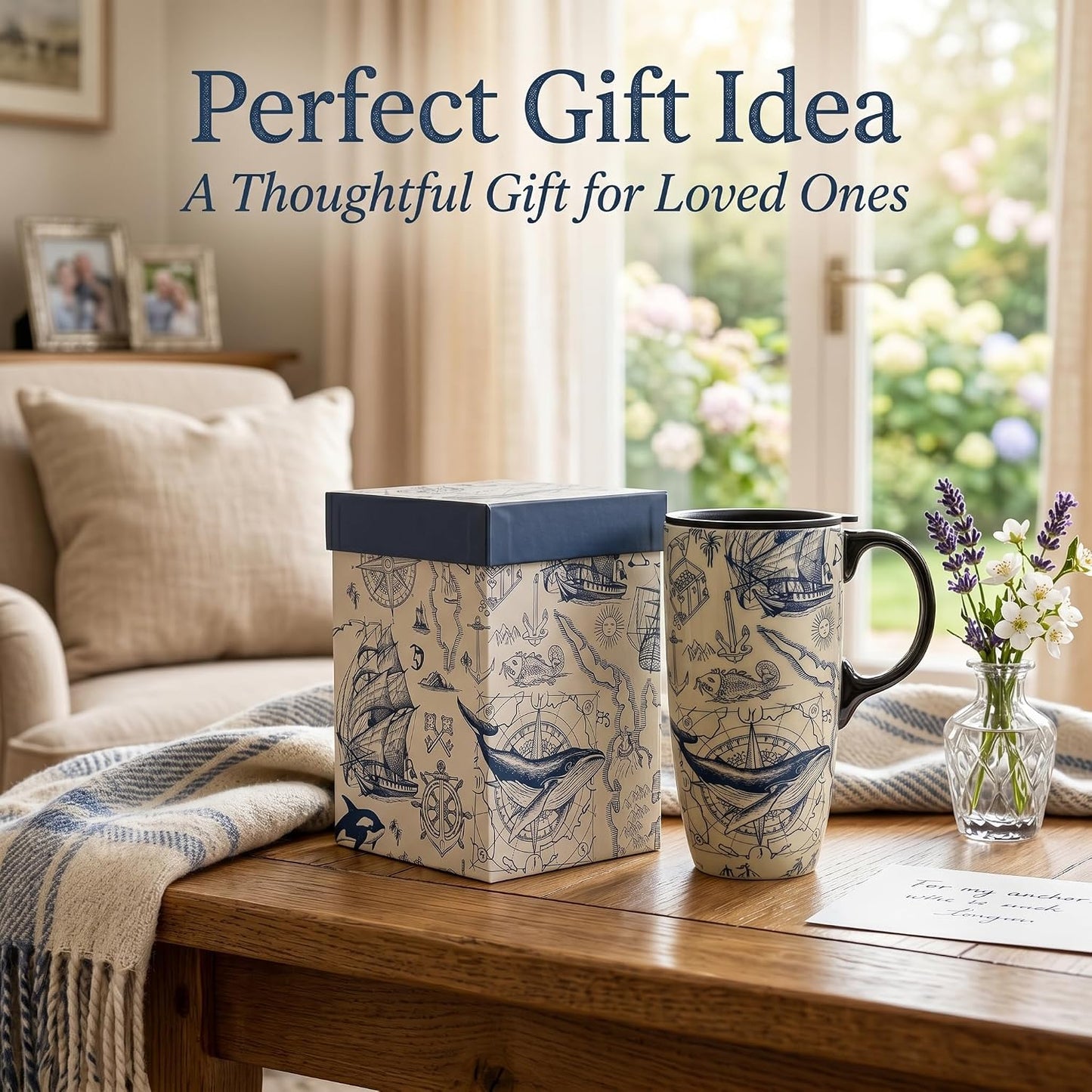 17oz Ceramic Coffee Travel Mug with Handle & Lid | Large Capacity Porcelain Tall Tea Wave Art Cup with in Color Box, 6.5" H