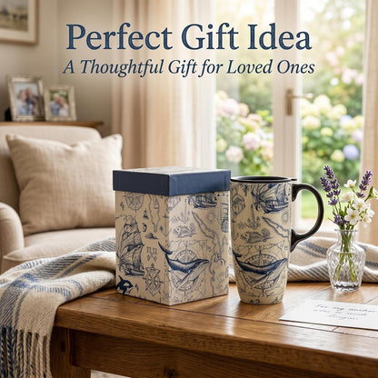 17oz Ceramic Coffee Travel Mug with Handle & Lid | Large Capacity Porcelain Tall Tea Wave Art Cup with in Color Box, 6.5" H