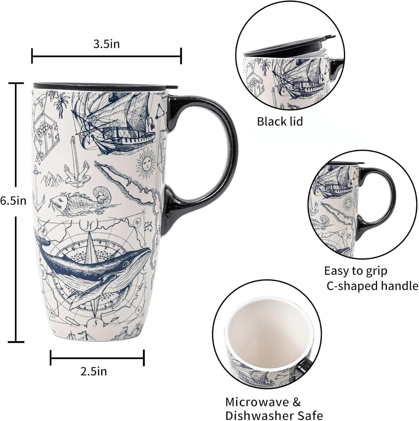 17oz Ceramic Coffee Travel Mug with Handle & Lid | Large Capacity Porcelain Tall Tea Wave Art Cup with in Color Box, 6.5" H