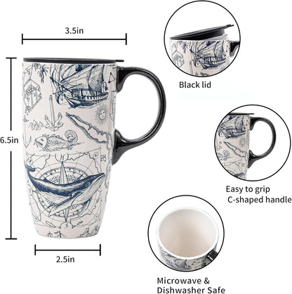 17oz Ceramic Coffee Travel Mug with Handle & Lid | Large Capacity Porcelain Tall Tea Wave Art Cup with in Color Box, 6.5" H