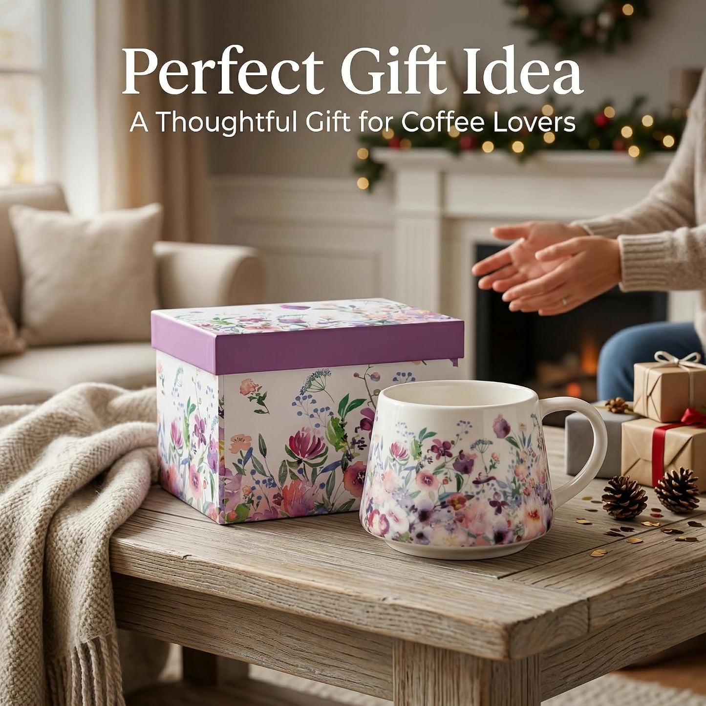 17oz Ceramic Coffee Travel Mug with Handle & Lid | Large Capacity Porcelain Tall Tea Wave Art Cup with in Color Box, 6.5" H