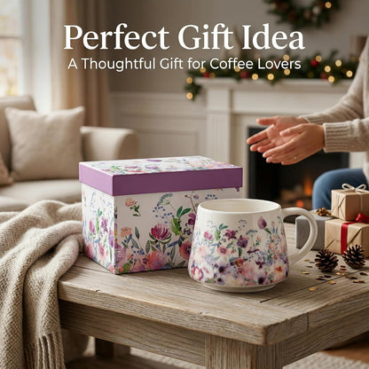 17oz Ceramic Coffee Travel Mug with Handle & Lid | Large Capacity Porcelain Tall Tea Wave Art Cup with in Color Box, 6.5" H